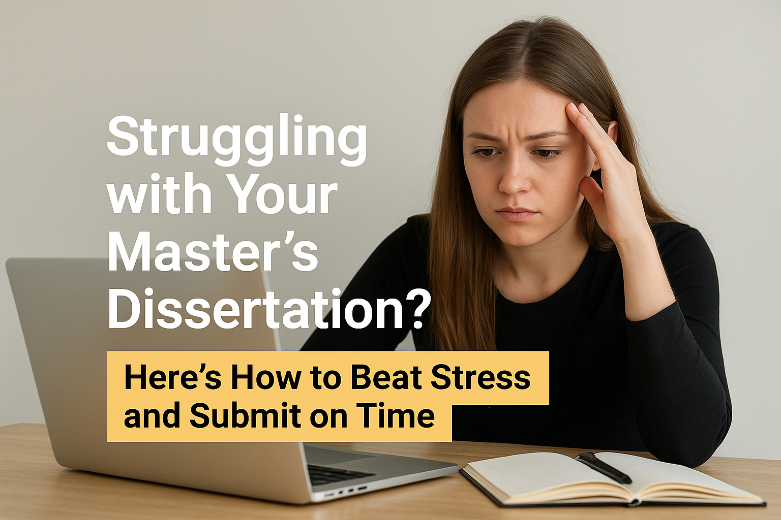 A young woman looks stressed while working on her Master’s dissertation at a desk with a laptop and notebook, with bold text overlay reading “Struggling with Your Master’s Dissertation? Here’s How to Beat Stress and Submit on Time.”