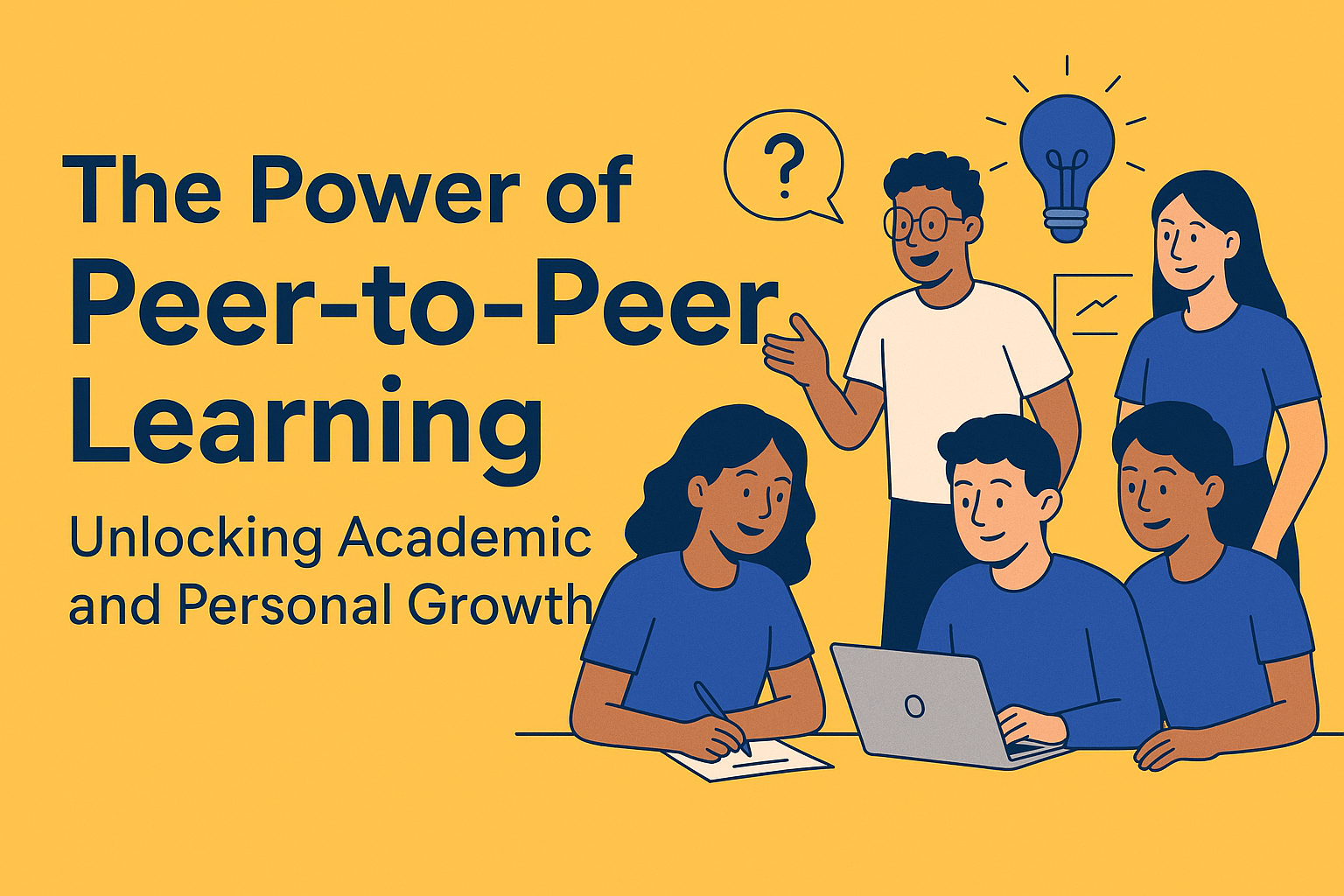 Illustration of students engaging in peer-to-peer learning, with one student explaining, another writing, and others listening and working on a laptop. Text reads: "The Power of Peer-to-Peer Learning – Unlocking Academic and Personal Growth."