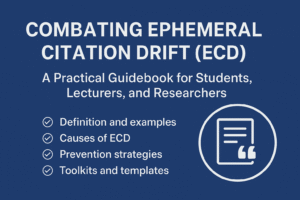 Cover graphic for Combatting Ephemeral Citation Drift (ECD) guidebook featuring title, checklist points, and academic research icon on a blue background.
