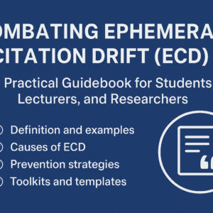 Cover graphic for Combatting Ephemeral Citation Drift (ECD) guidebook featuring title, checklist points, and academic research icon on a blue background.