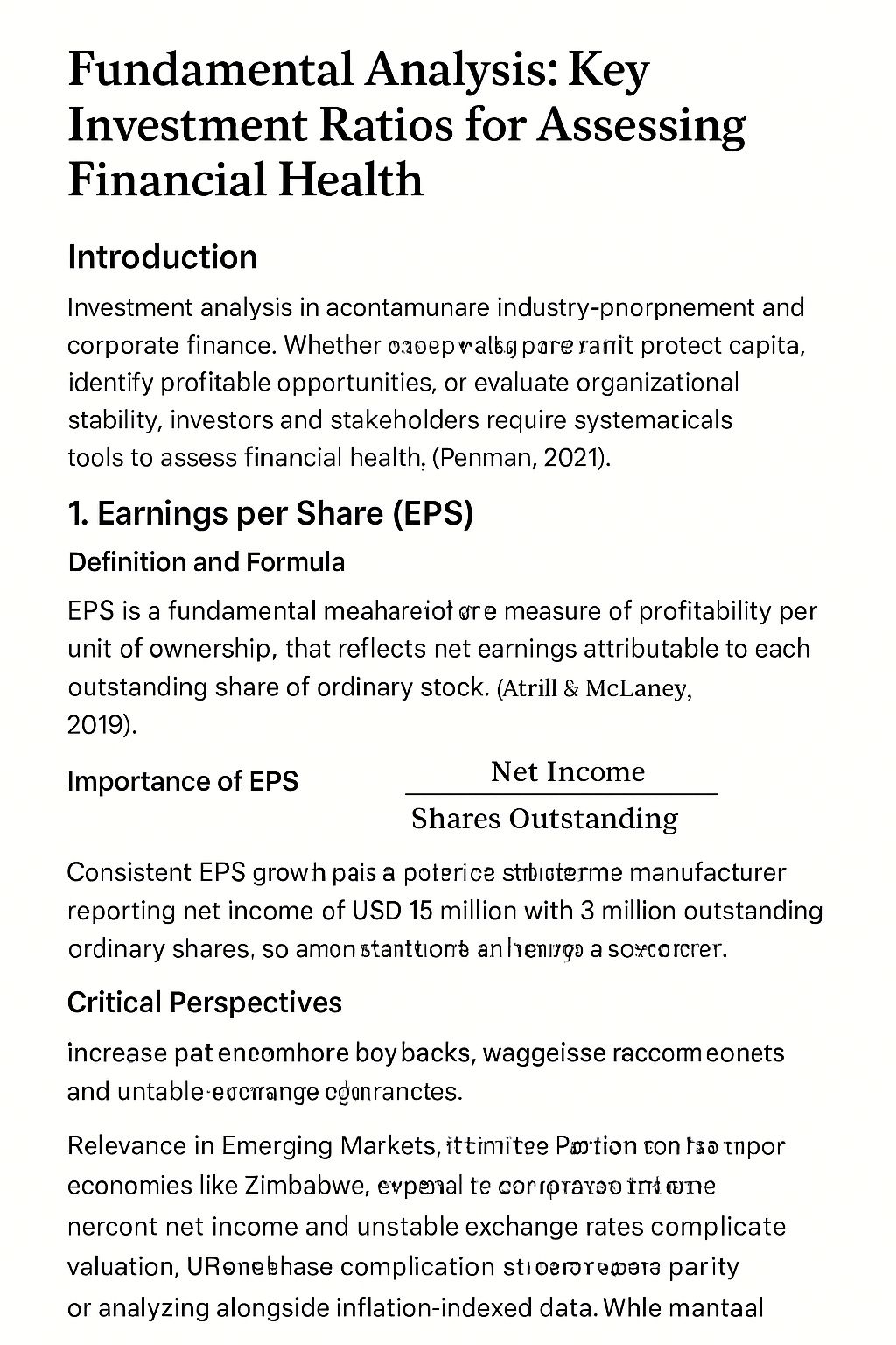 academic essay on fundamental analysis and key investment ratios, including sections on earnings per share and financial health assessment.