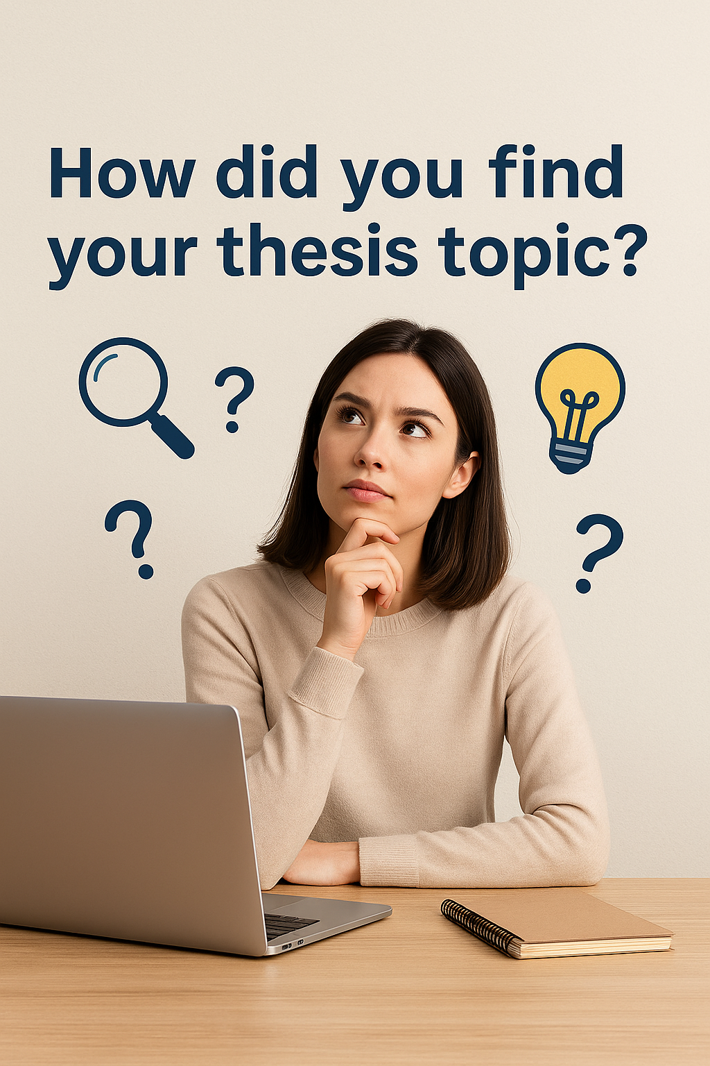 A young woman sitting at a desk with a laptop, thoughtfully looking up while surrounded by graphics of a magnifying glass, lightbulb, and question marks, with the text “How did you find your thesis topic?”