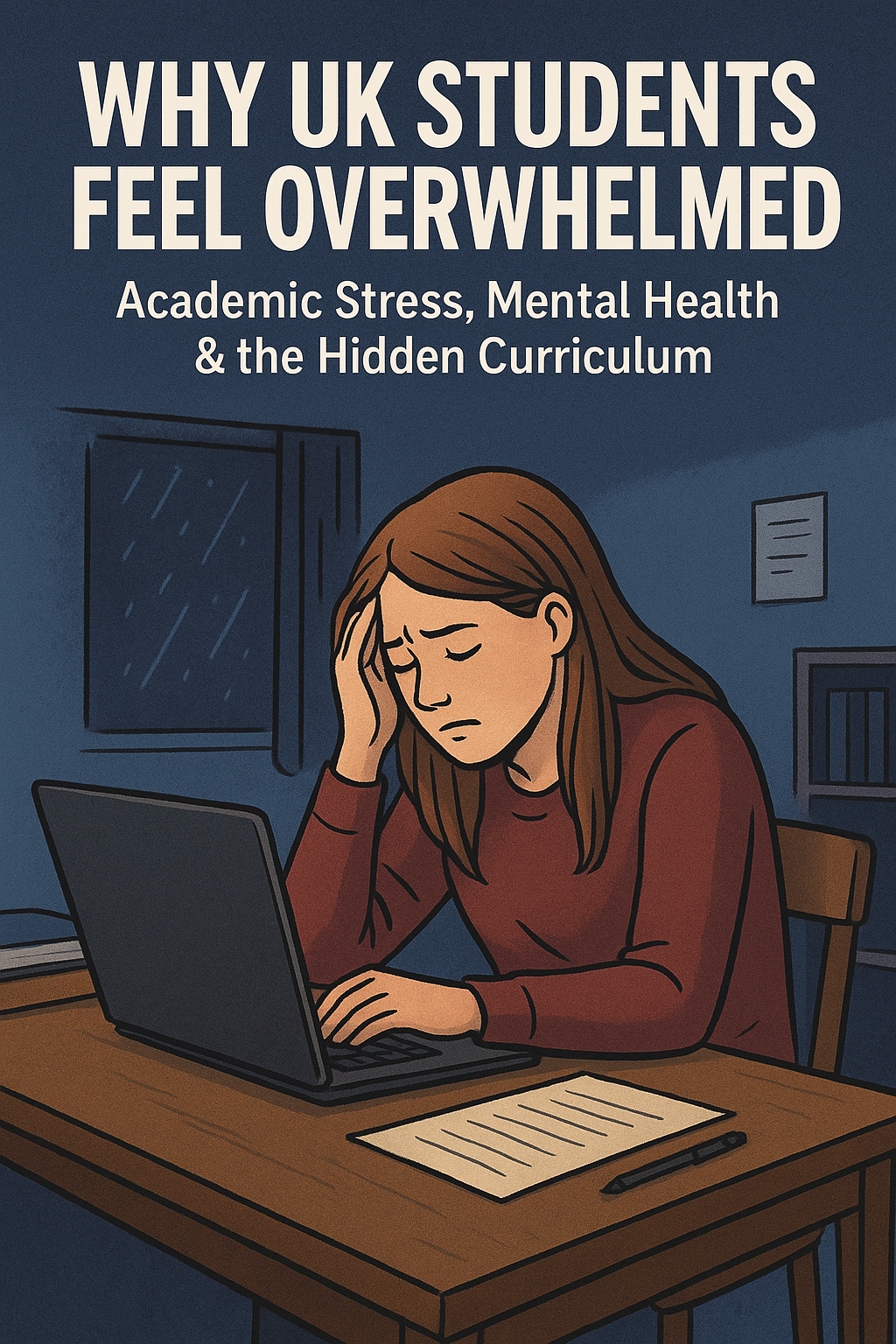 A stressed UK student with brown hair sits at a desk in a dimly lit room, holding her head in her hand while staring at a laptop. A blank sheet of paper and pen lie on the desk, symbolizing academic stress and overwhelm.