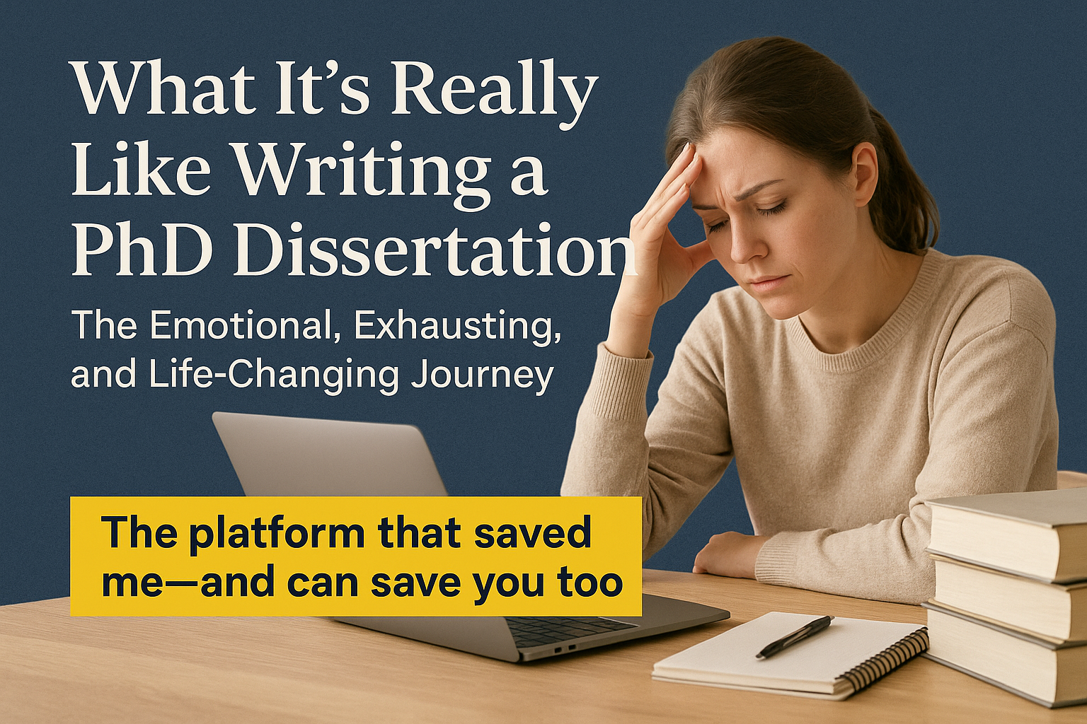 A stressed student sitting at a desk with a laptop and books, holding her head while working on her PhD dissertation, with text overlay about the emotional and exhausting journey of writing a dissertation.