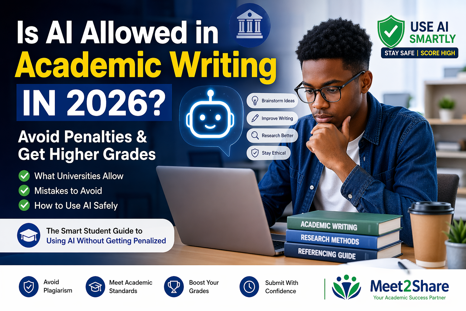 Student using laptop with AI assistant interface while writing an academic essay, illustrating how to use AI like ChatGPT safely in academic writing without penalties